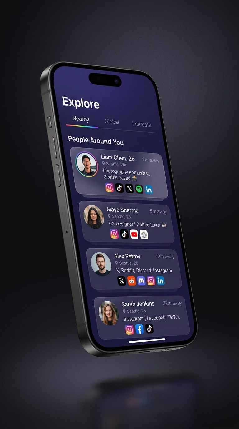 BeApp Interface showing nearby social profiles